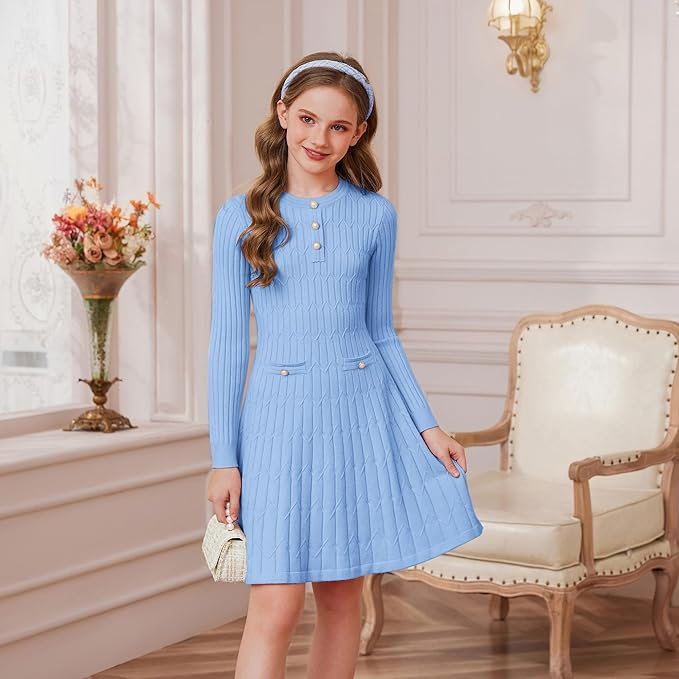 Rochita bleu casual medie, tricot croi A pentru fete 10 ani [4]