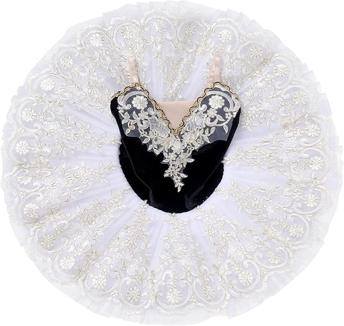 Rochita eleganta din dantela pentru balet, cu volanase, alb/negru, 4-5 ani, 120 cm inaltime [5]