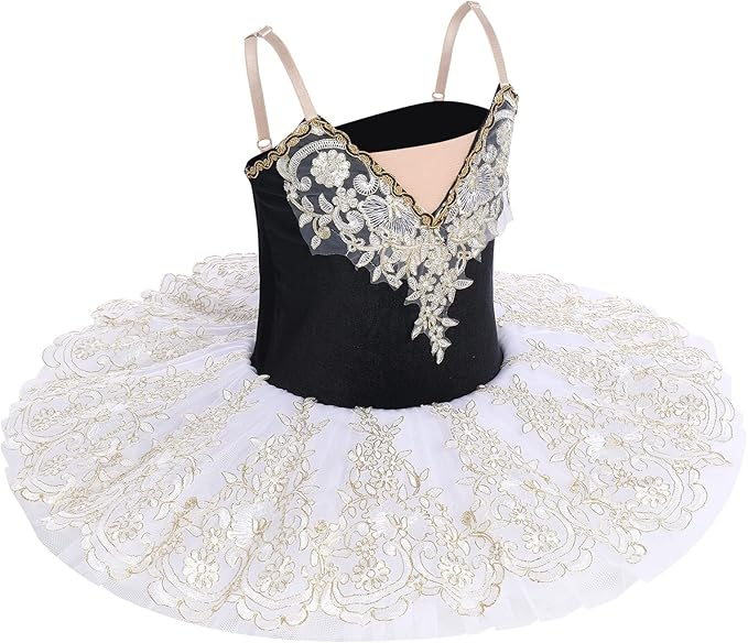 Rochita eleganta din dantela pentru balet, cu volanase, alb/negru, 4-5 ani, 120 cm inaltime [2]