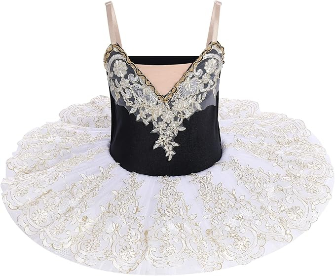 Rochita eleganta din dantela pentru balet, cu volanase, alb/negru, 4-5 ani, 120 cm inaltime [4]