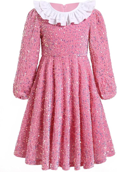 Rochita eleganta lunga, cu paiete si volanase, Roz, 4-5 ani [7]