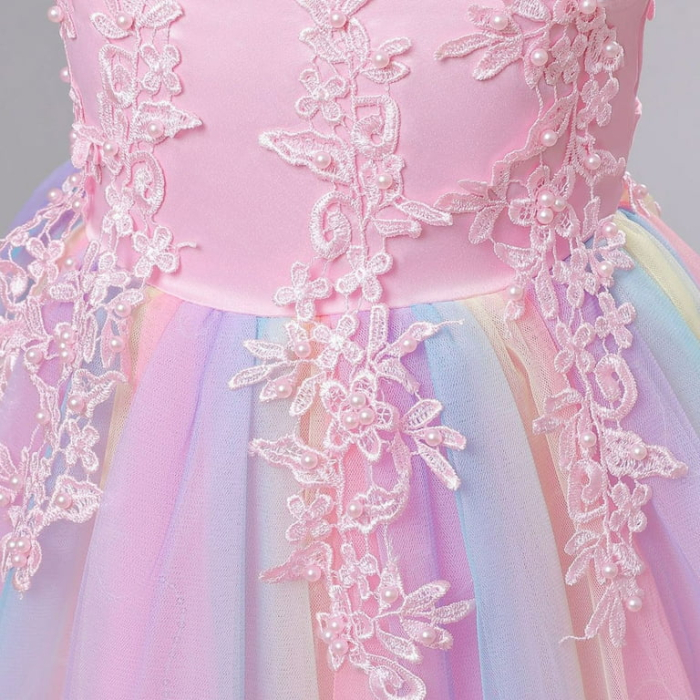 Rochita eleganta din dantela, lunga, cu volanase, roz, 160cm, 10-11 ani [2]