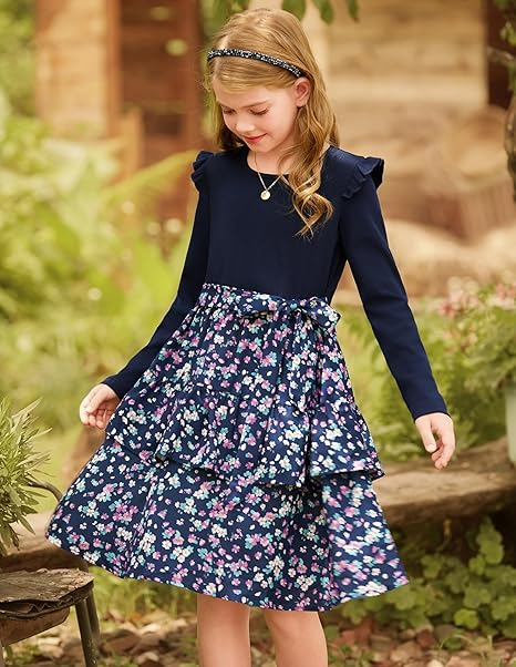 Rochita albastra casual medie, maneci lungi, model cu flori pentru fete 6 ani [3]