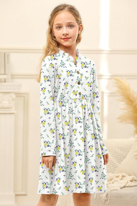 Rochita alba casual medie, model cu flori 110 3-4 ani [4]