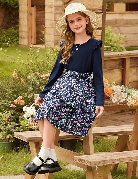Rochita albastra casual medie, maneci lungi, model cu flori pentru fete 6 ani [5]