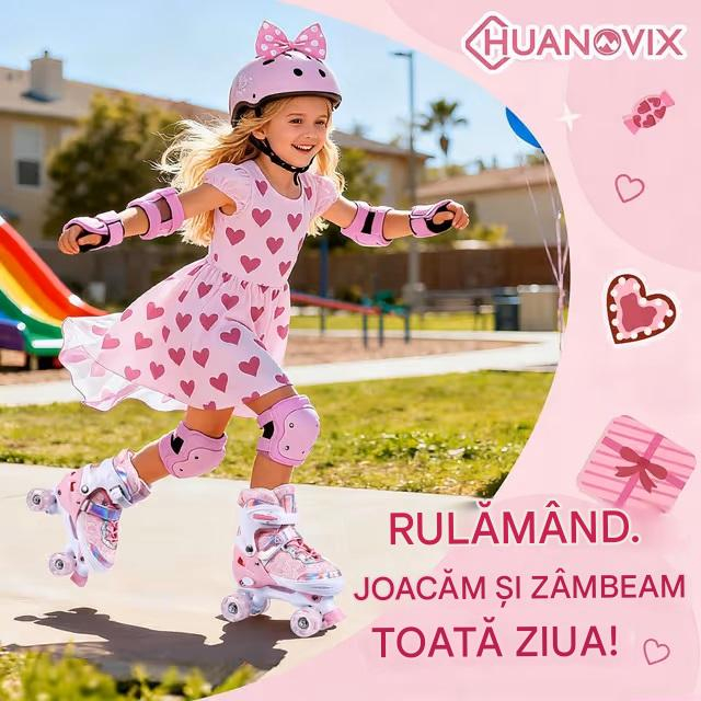 Role Quad Copii Fete, Reglabile 27-31, Roți Luminoase, Model Inimioară, Roz, S [2]