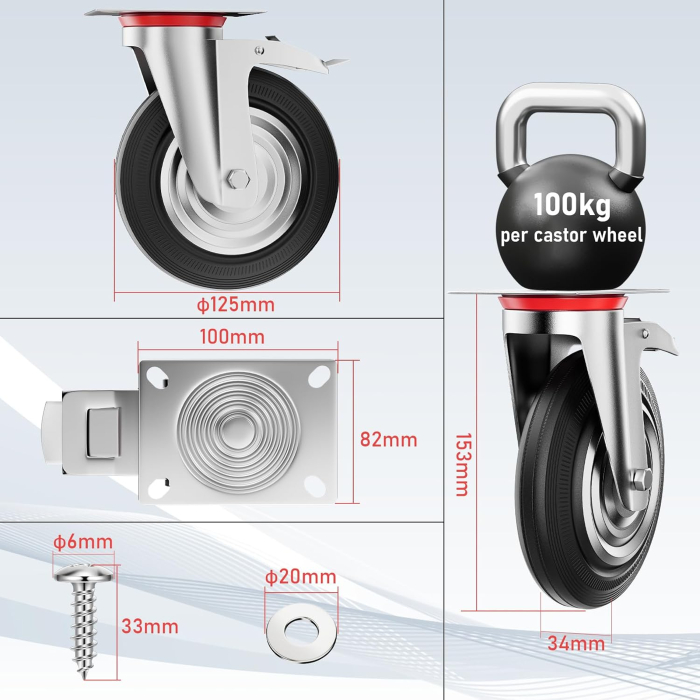 Roti rezistente din poliuretan 125mm, pivotante 360°, 2 cu frane, pentru 400 kg, set 4 bucati [12]