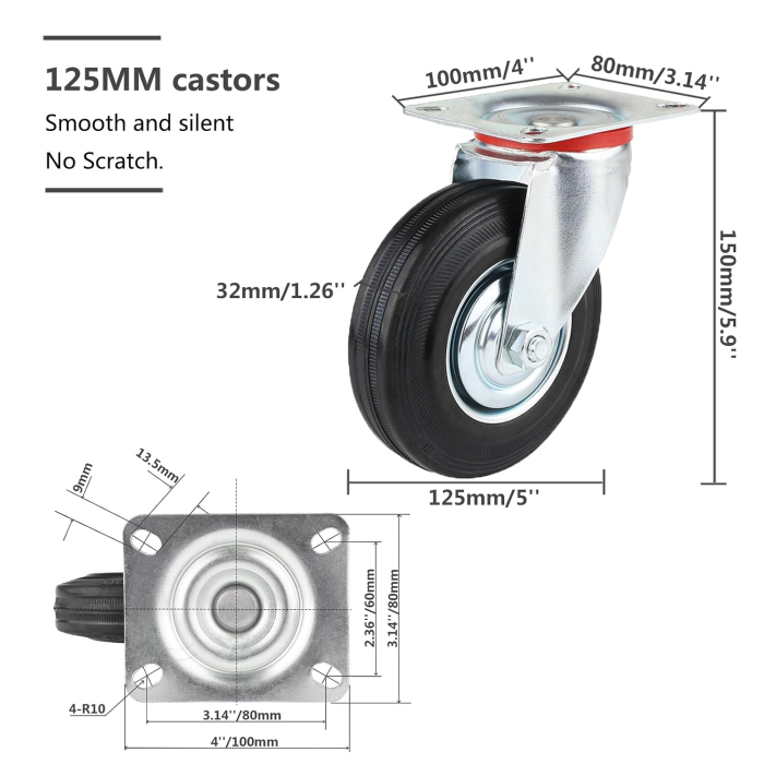 Set 4 Roți Pivotante Industriale 125 mm, Sarcină 400 kg, 2 cu Frână, Rotire 360° [2]