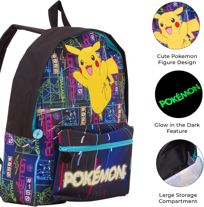 Rucsac Copii Pokémon Pikachu, Efect Fosforescent Glow in the Dark, Compartiment Mare, Buzunar Frontal, Buzunar Lateral pentru Sticlă [5]