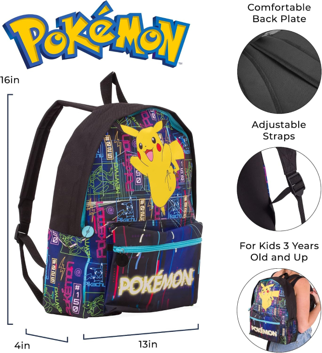 Rucsac Copii Pokémon Pikachu, Efect Fosforescent Glow in the Dark, Compartiment Mare, Buzunar Frontal, Buzunar Lateral pentru Sticlă [6]