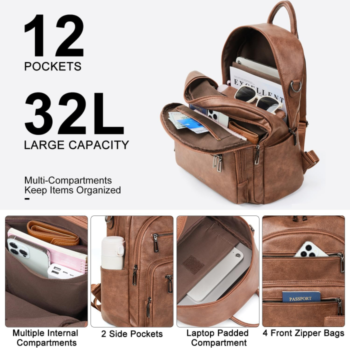 Rucsac Damă LATMAP din Piele Ecologică, Compartiment Laptop, Maro, 32L [6]