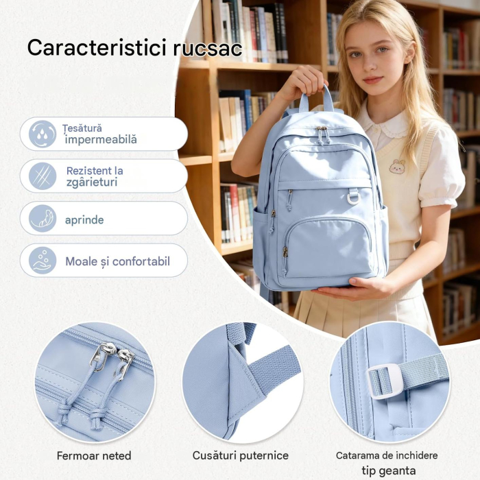 Rucsac albastru robust impermeabil, ghiozdan scoala, calatorii, fitness 44 x 31 x 16 cm; 0,5 kg [6]