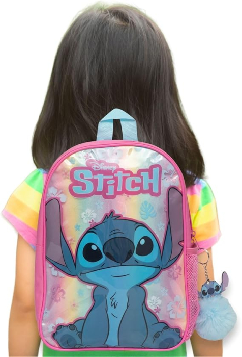 Rucsac Copii Stitch Curcubeu Holografic, 34 cm, Breloc Pom Pom, 3-7 Ani [2]