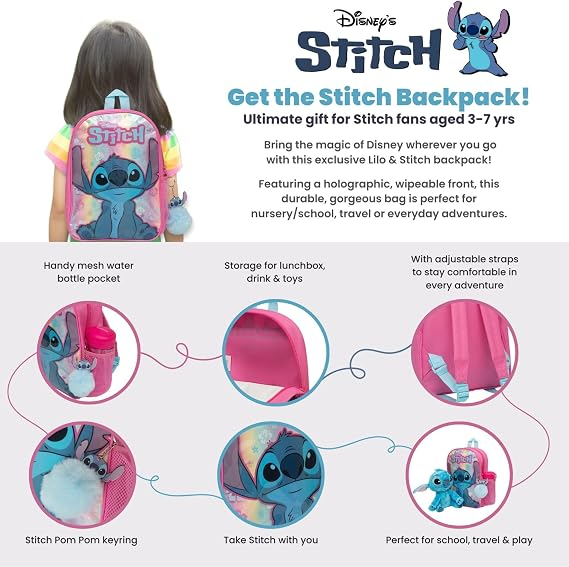 Rucsac Copii Stitch Curcubeu Holografic, 34 cm, Breloc Pom Pom, 3-7 Ani [3]