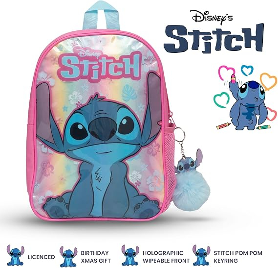 Rucsac Copii Stitch Curcubeu Holografic, 34 cm, Breloc Pom Pom, 3-7 Ani [5]