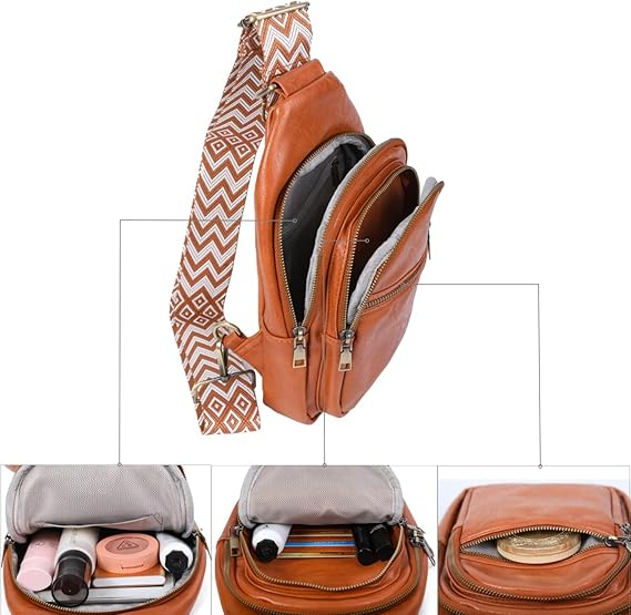 Rucsac din piele sintetica pe un umar,3 compartimente, maro deschis [4]