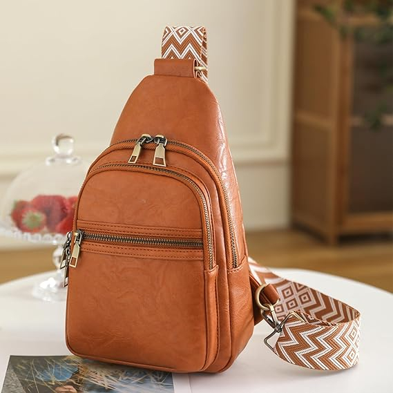 Rucsac din piele sintetica pe un umar,3 compartimente, maro deschis [5]