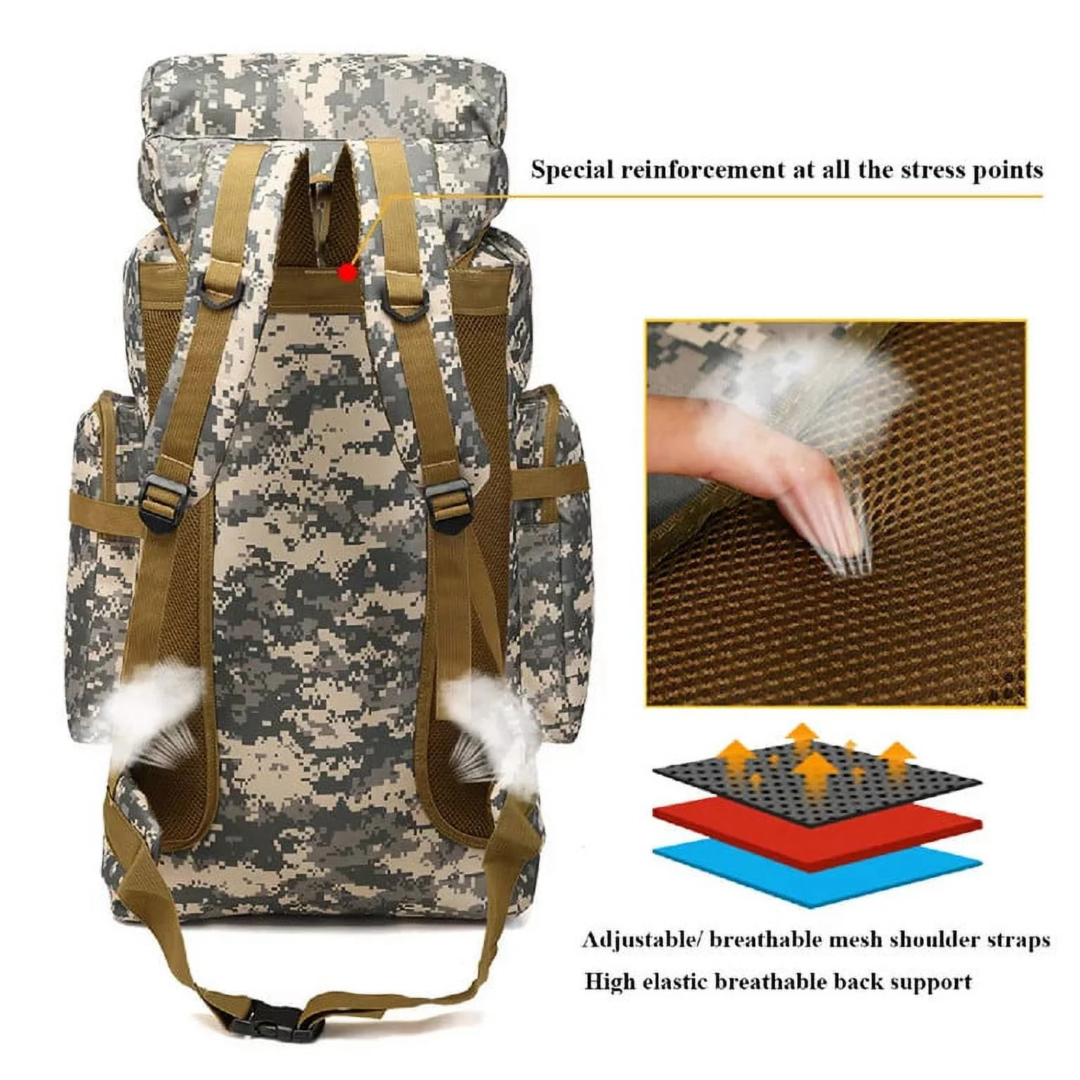 Rucsac tactic militar impermeabil 80L, foarte util pentru drumeții, camping și călătorii 30x22x84 cm camuflaj [6]