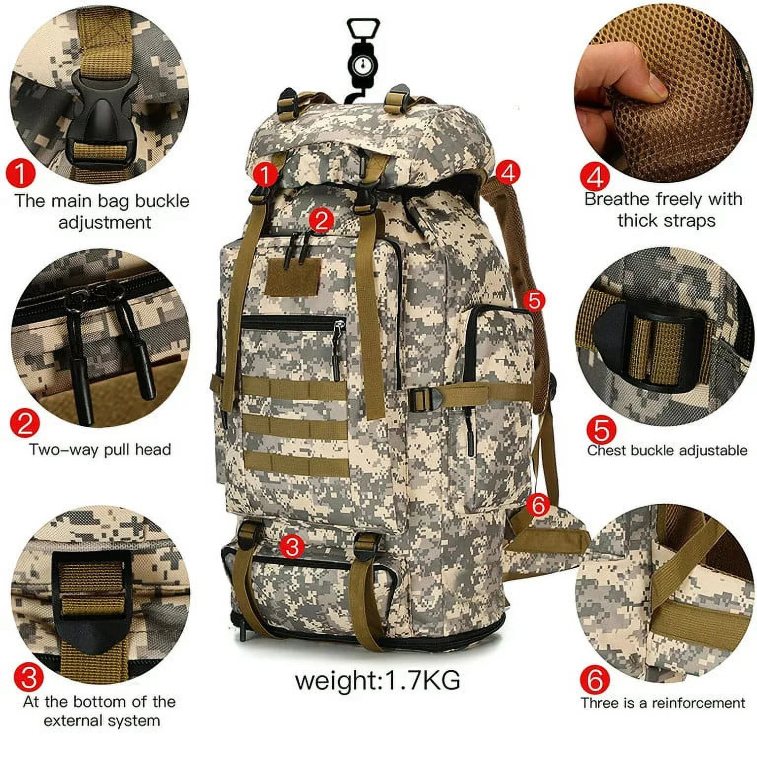 Rucsac tactic militar impermeabil 80L, foarte util pentru drumeții, camping și călătorii 30x22x84 cm camuflaj [2]