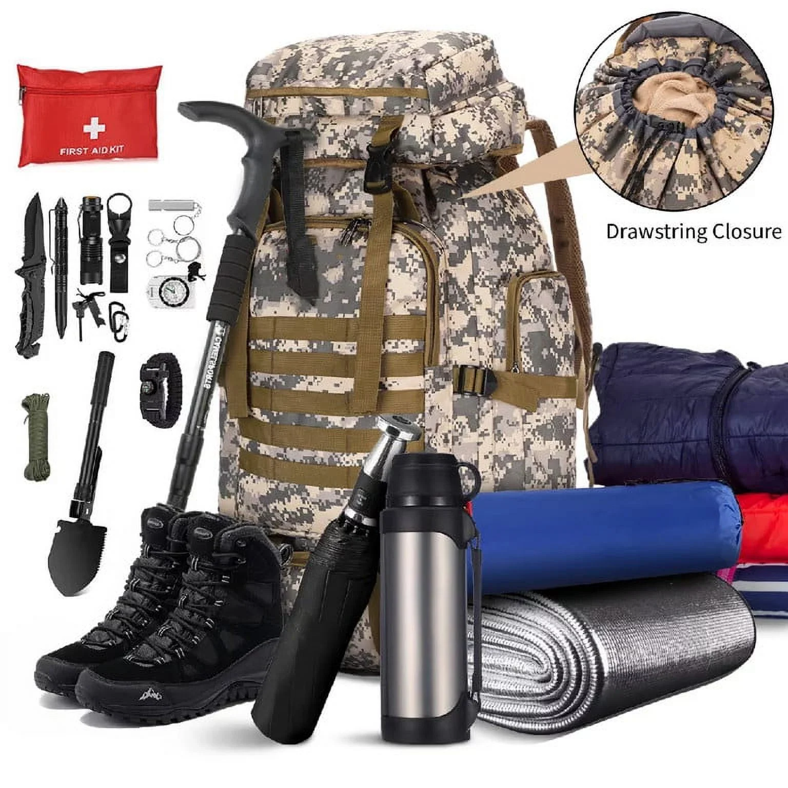 Rucsac tactic militar impermeabil 80L, foarte util pentru drumeții, camping și călătorii 30x22x84 cm camuflaj [5]
