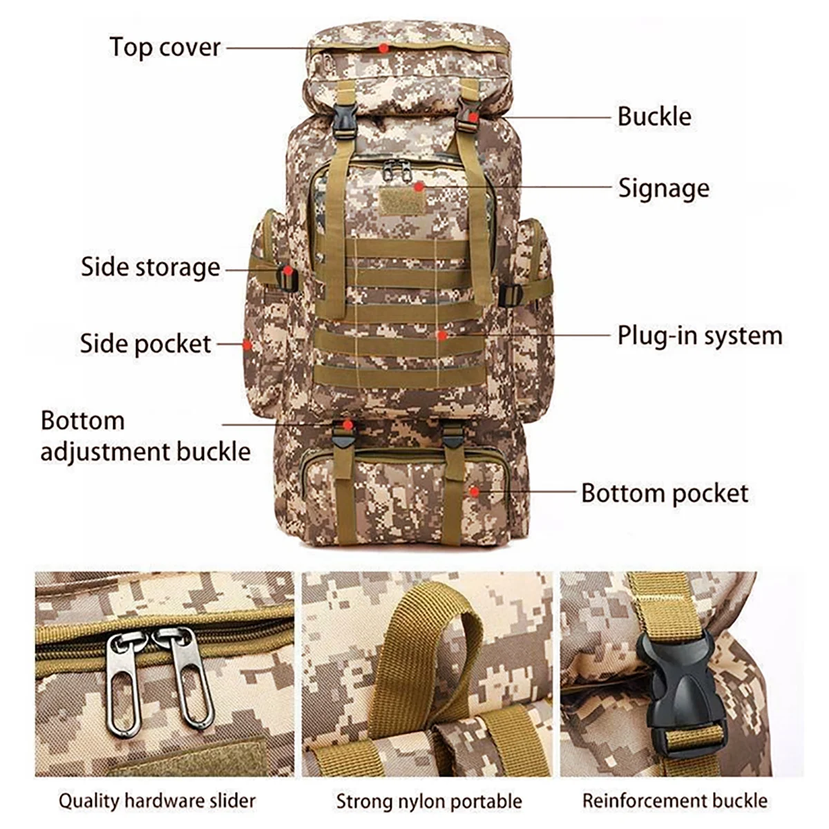 Rucsac tactic militar impermeabil 80L, foarte util pentru drumeții, camping și călătorii 30x22x84 cm kaki [5]