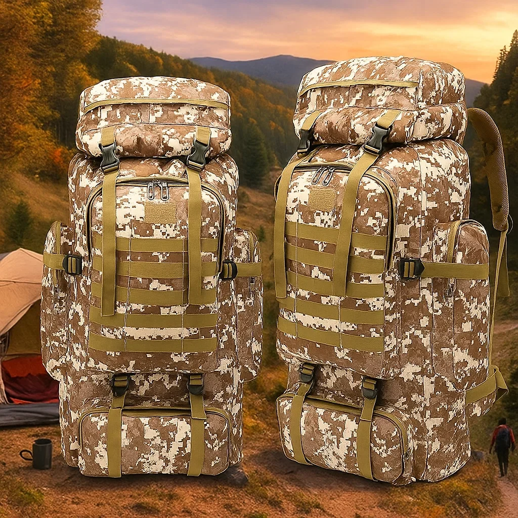 Rucsac tactic militar impermeabil 80L, foarte util pentru drumeții, camping și călătorii 30x22x84 cm kaki [3]