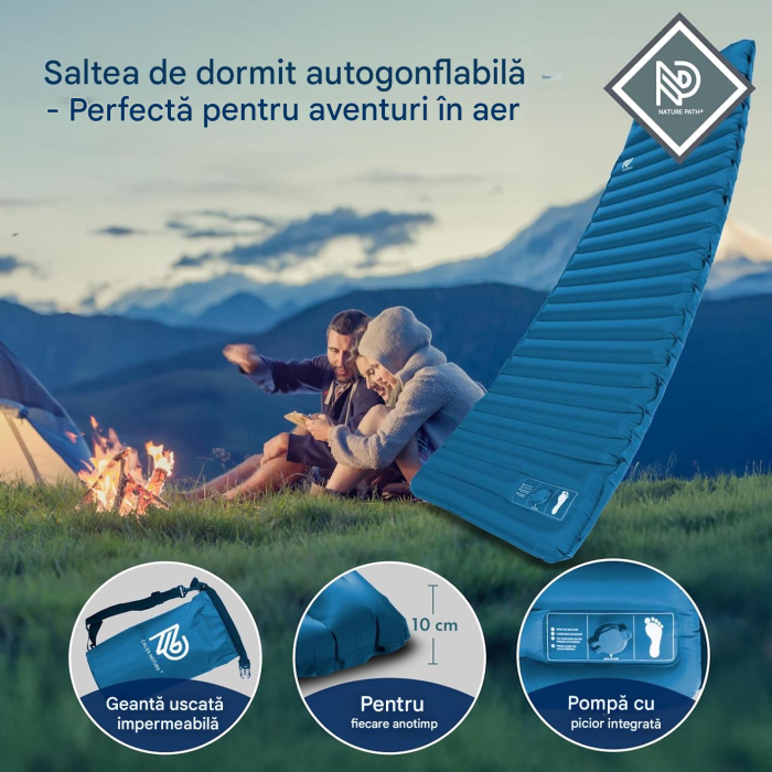 Saltea de dormit gonflabilă impermeabila, Ultralight, 19x70x10 cm, greutate 870gr, pompa inclusa [2]