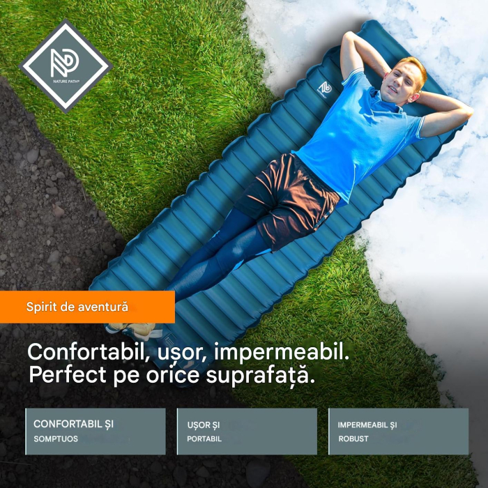 Saltea de dormit gonflabilă impermeabila, Ultralight, 19x70x10 cm, greutate 870gr, pompa inclusa [8]