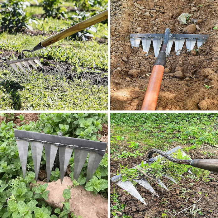 Greblă de grădină rezistentă din metal și oțel carbon, eficientă pentru buruieni, 7 dinti [4]