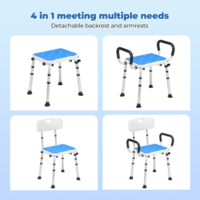 Scaun de baie/dus din aluminiu, reglabil pe inaltime 6 nivele, cu spatar, manere sprijin, max 136 kg [7]