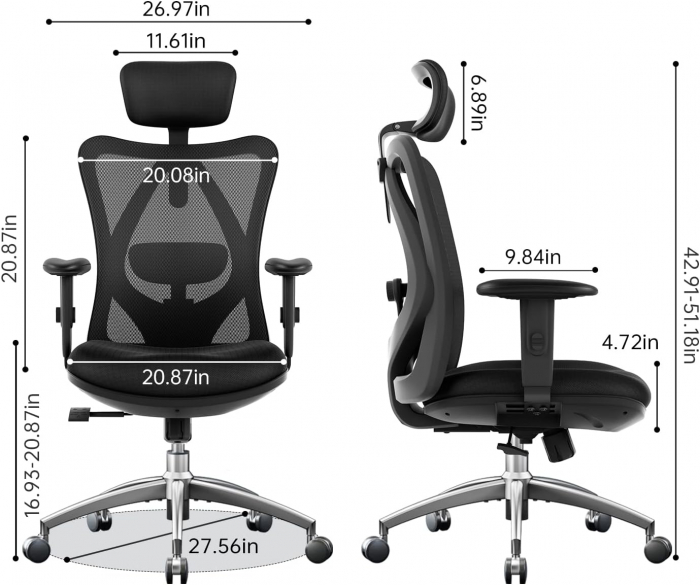 Scaun de birou ergonomic cu suport lombar reglabil si tetiera, cu perna elastica respirabila, 136 kg, negru-resigilat [3]