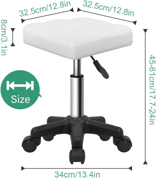 Scaun Taburet Alb cu Rotile, Reglabil pe Înălțime 45-61 cm, Rotativ 360°, Pernă 32,5x32,5 cm, 135 kg [2]