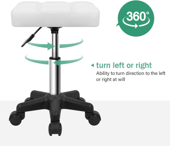 Scaun Taburet Alb cu Rotile, Reglabil pe Înălțime 45-61 cm, Rotativ 360°, Pernă 32,5x32,5 cm, 135 kg [4]