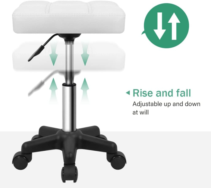 Scaun Taburet Alb cu Rotile, Reglabil pe Înălțime 45-61 cm, Rotativ 360°, Pernă 32,5x32,5 cm, 135 kg [5]