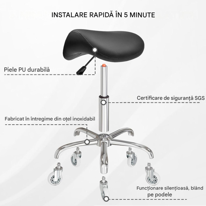 Scaun Ergonomic Tip Șa, cu Roți, Reglabil 55–68 cm, Rotativ 360°, Negru [8]