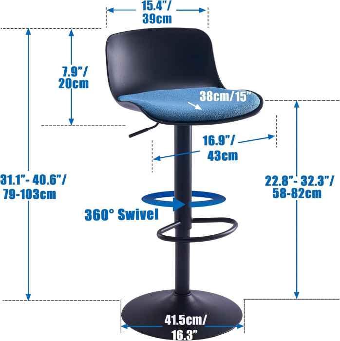 Scaune de bar rotative, reglabile în înălțime 79-103 cm, sezut captusit, Negru/Albastru set de 2 bucati [2]