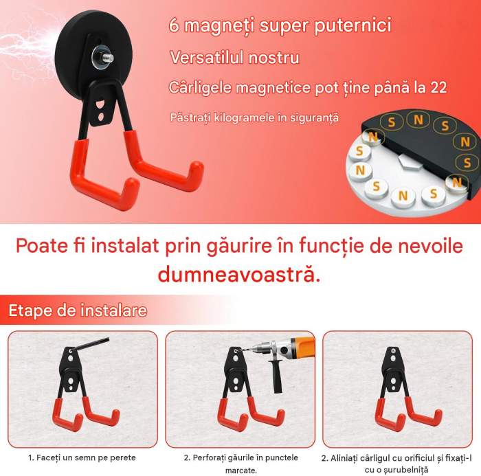 Set 2 Cârlige Magnetice cu Neodim, până la 10 kg, 66 x 125 mm, Portocaliu [3]