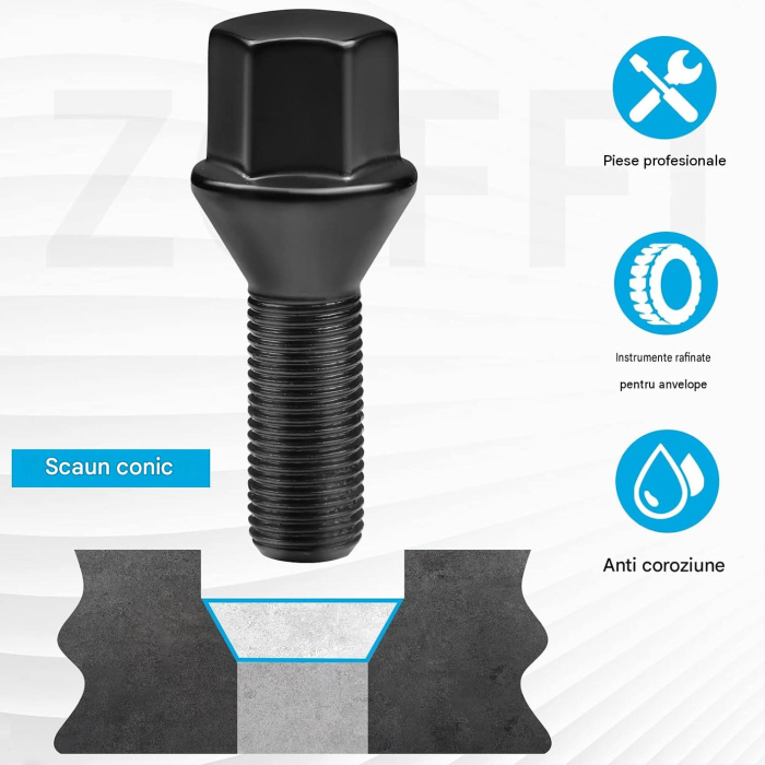 Set 20 Prezoane Roată M12x1,25, Conice 60°, 17 mm, Oțel 10.9, Negre [4]