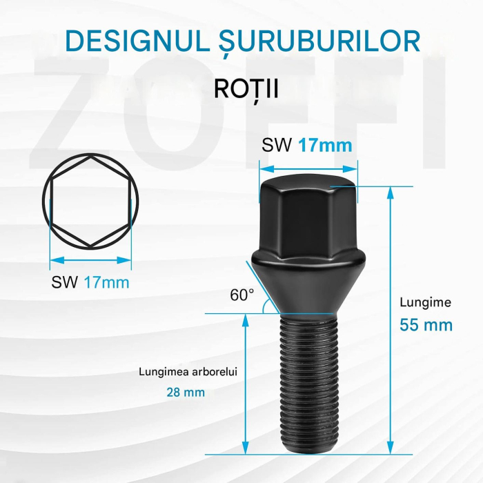 Set 20 Prezoane Roată M12x1,25, Conice 60°, 17 mm, Oțel 10.9, Negre [2]