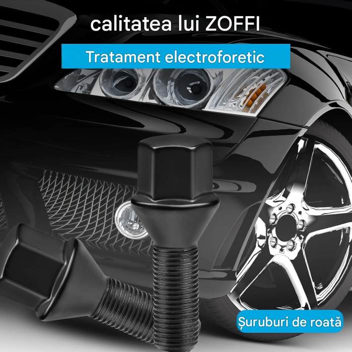 Set 20 Prezoane Roată M12x1,25, Conice 60°, 17 mm, Oțel 10.9, Negre [5]