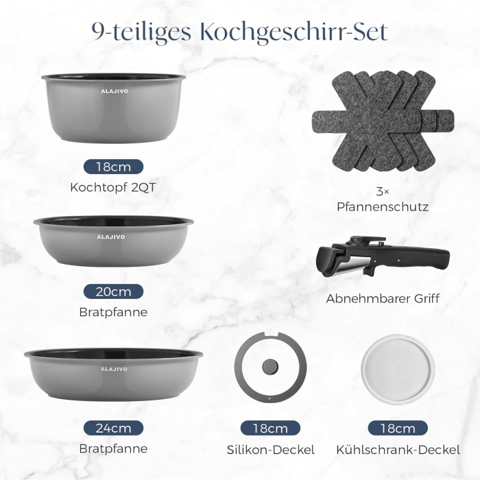 Set 9 piese oale cu mâner detașabil, ceramică antiaderentă Inducție & cuptor, gri [3]