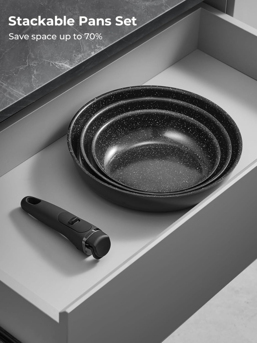 Set 3 tigăi cu mâner detașabil 20/24/28cm ceramică antiaderentă Inducție & cuptor [7]
