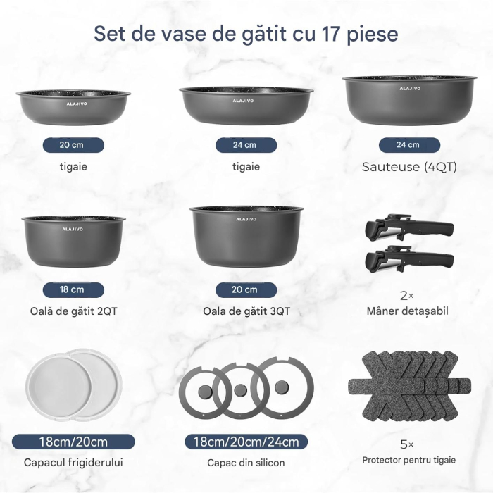 Set 17 piese oale cu mâner detașabil, ceramică antiaderentă Inducție & cuptor, gri [2]