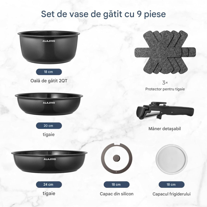 Set 9 piese oale cu mâner detașabil, ceramică antiaderentă Inducție & cuptor, negre [2]