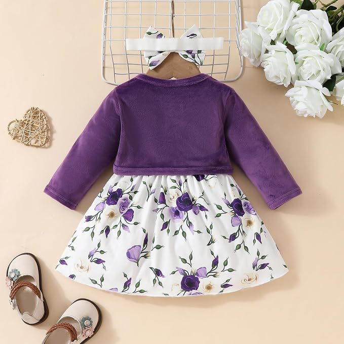 Set mov Fetițe 2 Piese, Rochie Florală și Cardigan din Catifea, Mâneci Lungi, 9-12 luni [4]