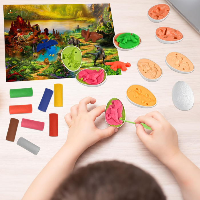 Set de plastelina colorata cu 10 matrite dinozauri in oua, set 35 piese [4]