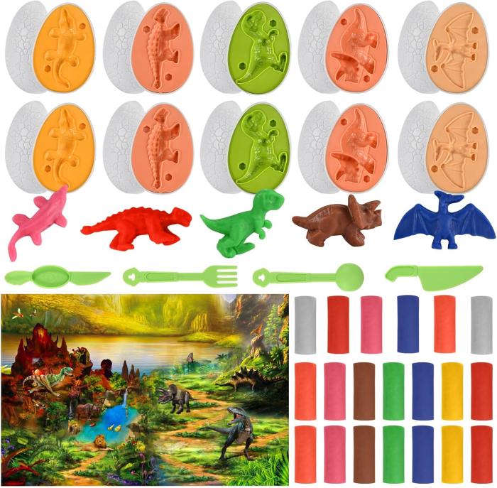 Set de plastelina colorata cu 10 matrite dinozauri in oua, set 35 piese [1]