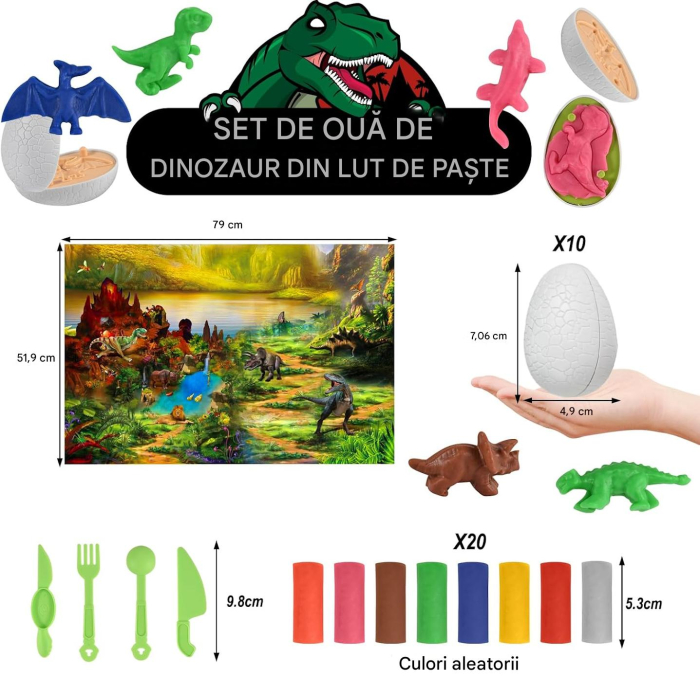 Set de plastelina colorata cu 10 matrite dinozauri in oua, set 35 piese [2]