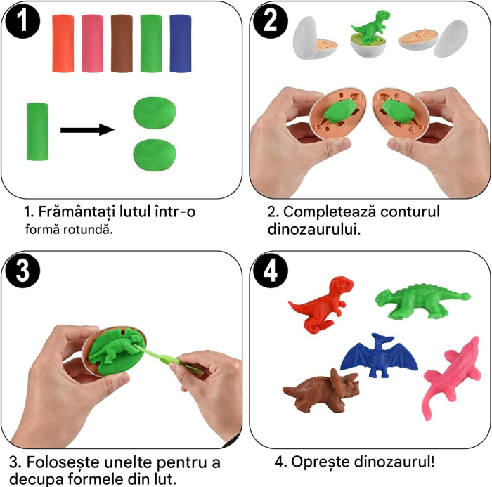Set de plastelina colorata cu 10 matrite dinozauri in oua, set 35 piese [3]