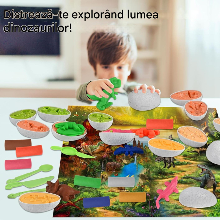 Set de plastelina colorata cu 10 matrite dinozauri in oua, set 35 piese [6]